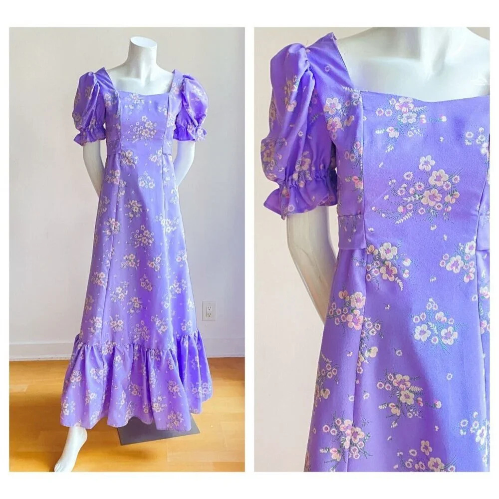 Vintage Lavender Floral Short puff Sleeve Sweet Girlie Maxi Dress S